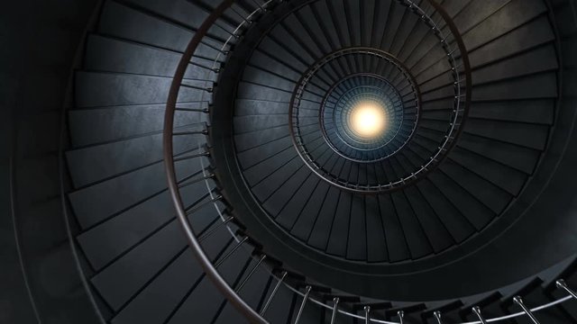 Round spiral staircase.
The camera moves down to light. Seamless loop. 4k rendering.