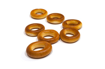 Fototapeta premium A few bagels on a white background.