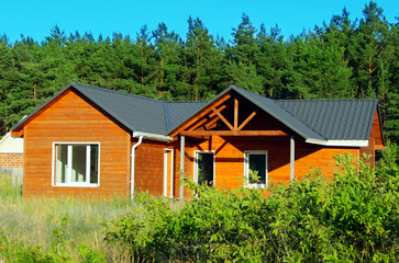 Ecological Small wooden house. Wooden house with meadow in front of it. Beautiful modern wooden house.
