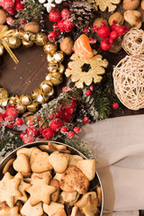 Christmas decorations,  New Year tree, holidays. Christmas postcard.