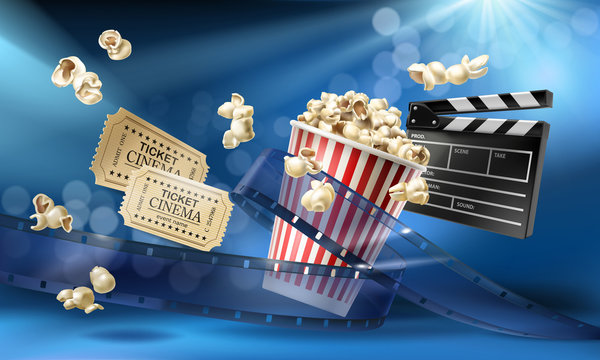 Cinema blue background with 3d realistic objects popcorn, tape, tickets and clapperboard. Vector concept colorful illustration with elements of film industry. Template for ad, poster, presentation