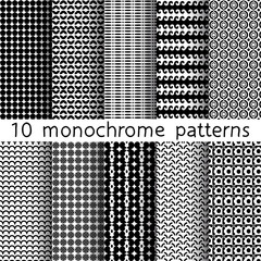 10 monochrome seamless patterns for universal background. Black and white colors. Endless texture can be used for wallpaper, pattern fill, web page background. Vector illustration for web design.