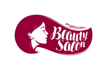 Beauty salon, logo or label. Makeup, makeover, cosmetic, fashion icon. Typographic design vector illustration