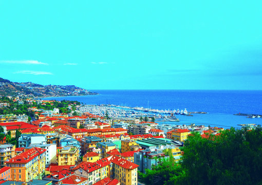 view port of San Remo (San Remo) and of the city on  Azure Italian Riviera, province of Imperia, Western Liguria, Italy