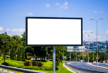 Blank white billboard against the blue sky - obrazy, fototapety, plakaty