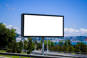 Blank White Billboard and Bosphorus River; Blue Sky