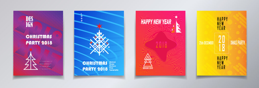 2018 vector, Happy new year and christmas winter holiday party invitation, brochure, poster flyer, greeting card, sale banner, template, set. Abstract Modern colorful geometric motion design