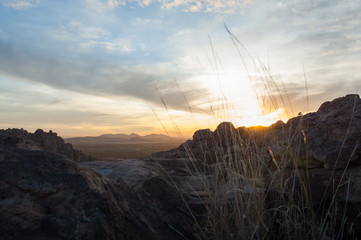 Sunset landscape view at Hueco Tanks State Park in El Paso, Texas. 