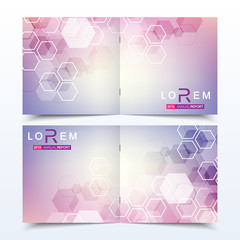 Business templates square brochure, magazine, leaflet , flyer, cover, booklet, annual report. Scientific concept for medical, technology, chemistry. Hexagonal molecule structure. Dna, atom, neurons.