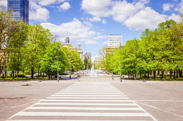Crosswalk via wide road, surrounded by green trees, with blue and cloudy sky on the background