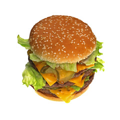 Triple Cheeseburger high angle view, lettuce, cheese, and pickle three