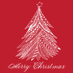 Christmas tree doodle stylized, hand drawn, white on red - 184855982