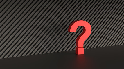 Red question mark on abstract black background. 3D Rendering.