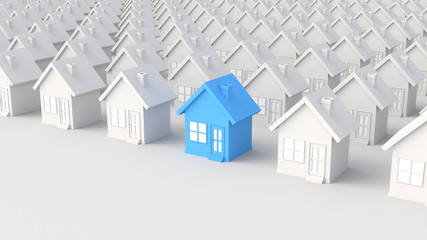 Blue house among white houses. Hunting and searching concept. 3D Rendering