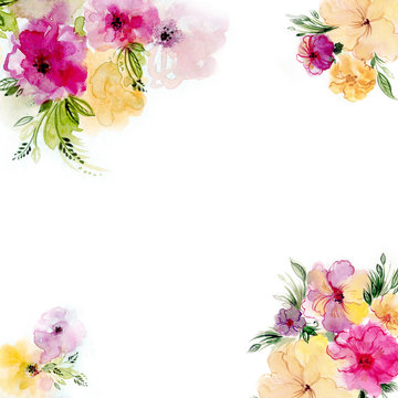 Beautiful floral watercolor frame and corners. Hand-drawn flowers.