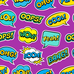 Seamless colorful pattern with comic speech bubbles patches on violet background. Expressions OOPS, COOL, YEAH, BOOM, WOW, OMG, BANG. Vector illustration of modern vintage stickers, pop art style