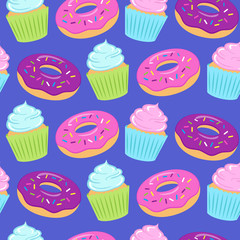 Seamless colorful pattern with donuts and cupcakes on blue background. Vector illustration