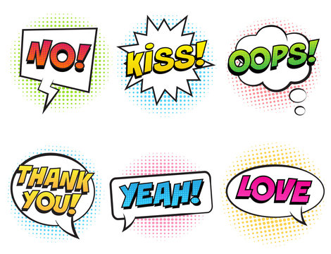 Retro comic speech bubbles with colorful shadows set on white background. Expression text OOPS, KISS, NO, YEAH, THANK YOU, LOVE. Vector illustration, pop art style.