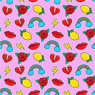 Seamless colorful pattern in fashion rockabilly tattoo style. Patches set, broken heart, rose, lemon, lips, rainbow etc on pink background. Vector illustration of modern vintage stickers