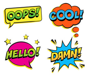 Retro colorful comic speech bubbles set with halftone shadows on white background. Expression text COOL, OOPS, HELLO, DAMN. Vector illustration, pop art style.