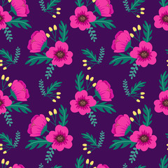 Elegant colorful seamless floral pattern with pink poppies and wild flowers on violet background. Ditsy print. Vector illustration