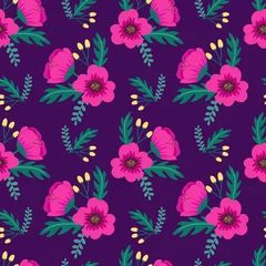 Wandcirkels tuinposter Elegant colorful seamless floral pattern with pink poppies and wild flowers on violet background. Ditsy print. Vector illustration © mejorana777
