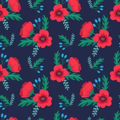 Keuken foto achterwand Klaprozen Elegant kleurrijk naadloos bloemenpatroon met rode papavers en wilde bloemen op donkere achtergrond. Ditsy printje. vector illustratie