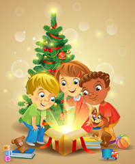 Obraz na płótnie Canvas Christmas miracle - kids opening a magic gift beside a Christmas tree