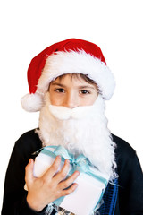 Small Santa Claus boy indicate with his finger isolated on white background