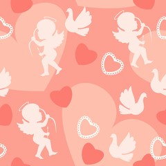 seamless pattern of cupids, hearts and pigeons