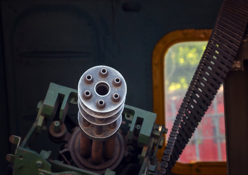 Machine gun and machine-gun tape in the door helicopter.