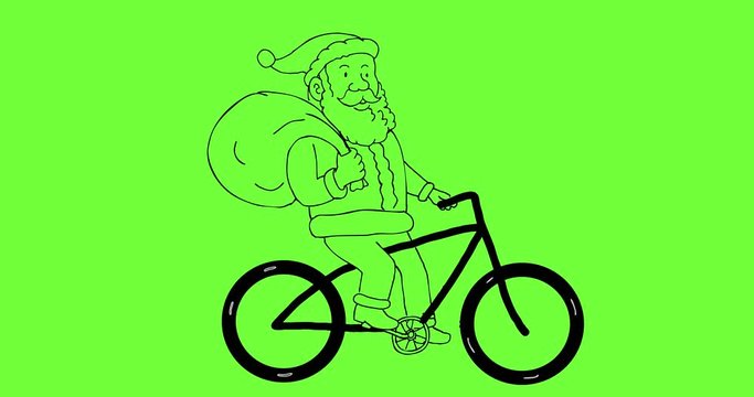 2d Animation motion graphics showing Santa Claus riding a bicycle bike carrying a sack side view on white screen, green screen with alpha matte in 4k ultra-high-definition.