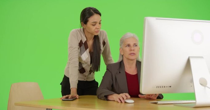 Two businesswomen use the computer on green screen. On green screen to be keyed or composited. 