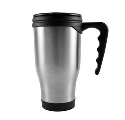 Grey thermos cup on the white