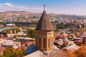 Aerial view of Old Town with dome of Lower Bethlemi Church and Sameba Holy Trinity Cathedral,...
