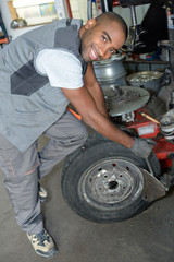 Man removing tyre from wheel
