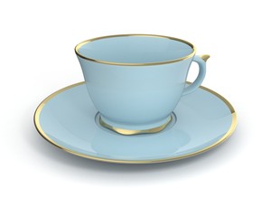 Isolated antique porcelain cup with gold on white background. 3D Illustration.