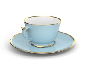 Isolated antique porcelain cup with gold on white background. 3D Illustration.