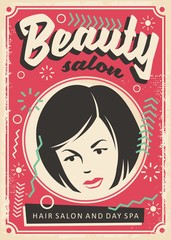 Beauty salon retro poster design with pretty young girl portrait on pink background. Comic style old fashioned ad design with Memphis style design elements.