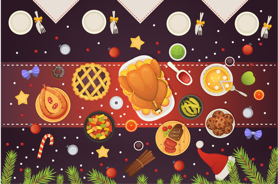 Christmas table top view, dishes with turkey, cookies, dessert and decorations. New year vector food illustration.