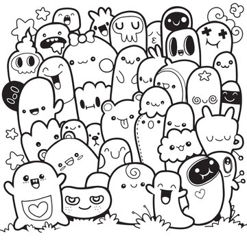 Funny monsters ,Cute Monster pattern for coloring book. Black and white background.