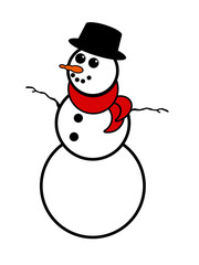 Snowman with black top hat, carrot nose, scarf, branches