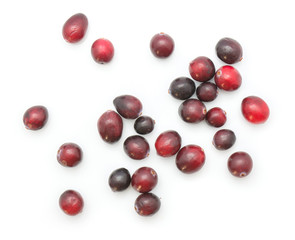 Fresh cranberries isolated on white background top view.