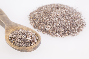 Wooden spoon with chia seeds on white background