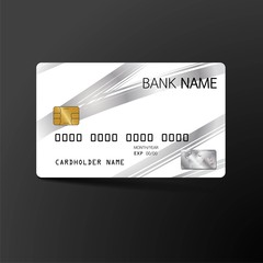 Modern credit card template design. With inspiration from the abstract. Silver and white color on the blcak background. Vector illustration.Glossy plastic style.