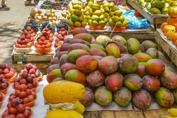 Assortment of fresh tropical fruits at a street market in Rio de Janeiro, Brazil
