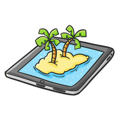 Cool and funny tablet with island / vacation theme - vector.