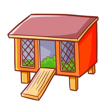 Funny and cute red rabbit hutch in cartoon style - vector.
