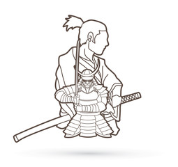 Fototapeta na wymiar 2 Samurai composition cartoon outline graphic vector