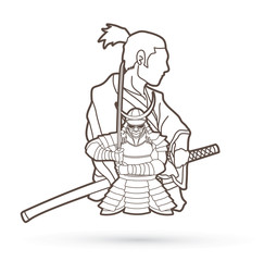 2 Samurai composition cartoon outline graphic vector